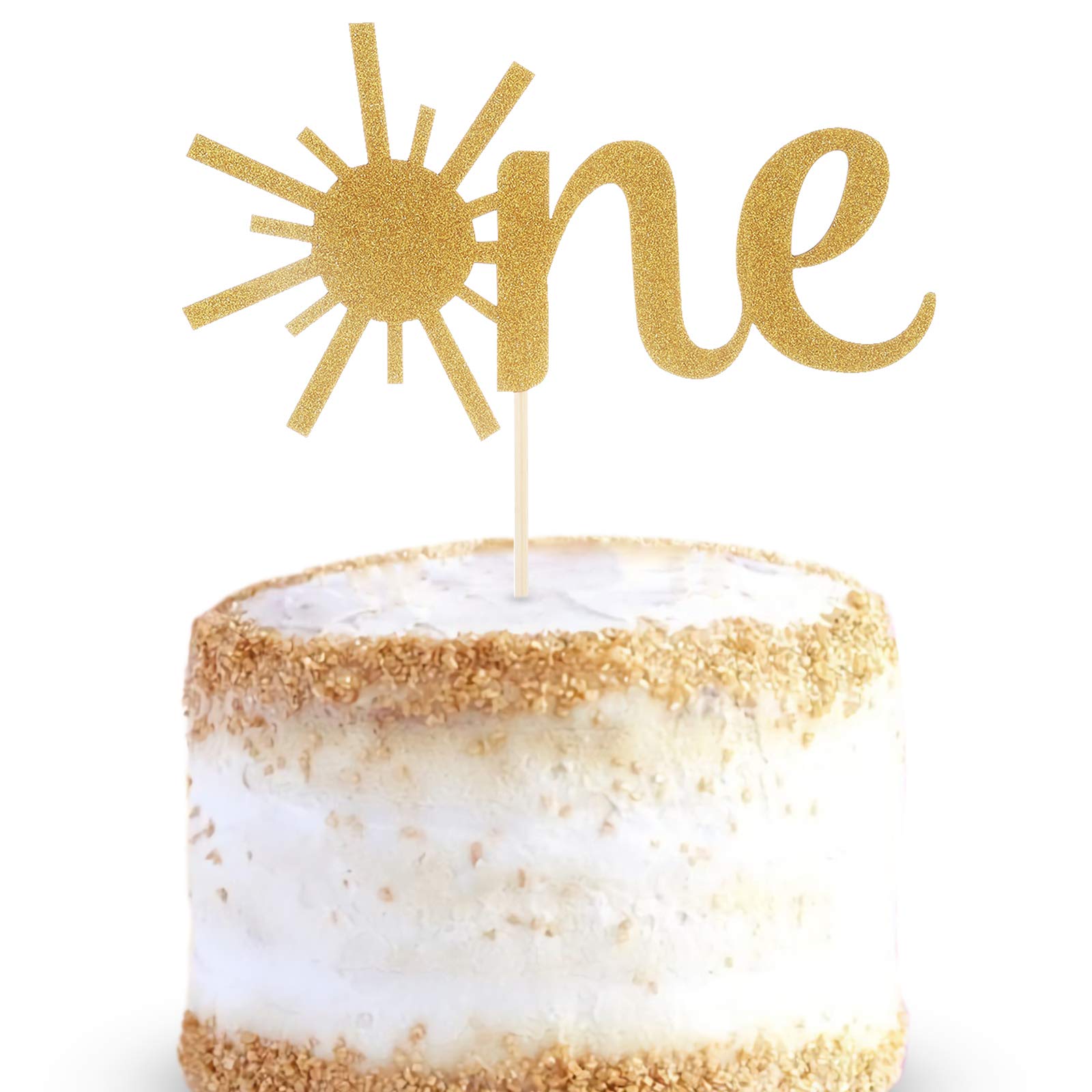Cake Topper for Baby 1st Birthday - Gold Glitter Sunshine First Anniversary Shower Topper, Single-sided Sun ONE Birthday Cake Smash Topper For Photo
