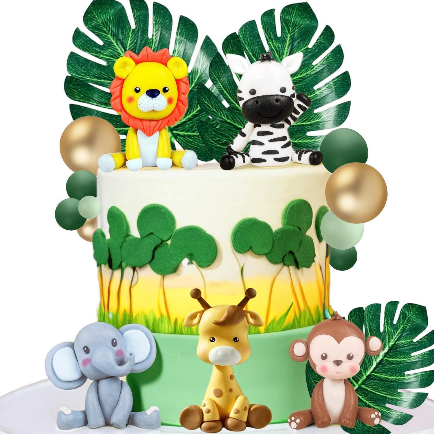 XLENGO 20 PCS Jungle Safari Animal Cake Topper with Lion Giraffe Monkey Elephant Zebra Colourful Balls Leaves Cake Decoration for Baby Shower Safari