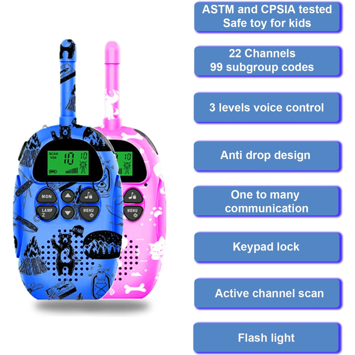 USA-Designed KidzAdventure Rechargeable Walkie Talkies for Kids 2 Pack - 48 Hours Battery 3 Miles Range 22 Channels 2 Way Radio Voice Activation. Best