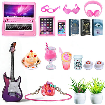 21 Pcs Miniature Dollhouse Accessories Laptop Phone 1/12 1/6 Scale Tiny Miniature Things, Doll House Furniture Decor Stuff Kitchen Cake Glasses Coffee
