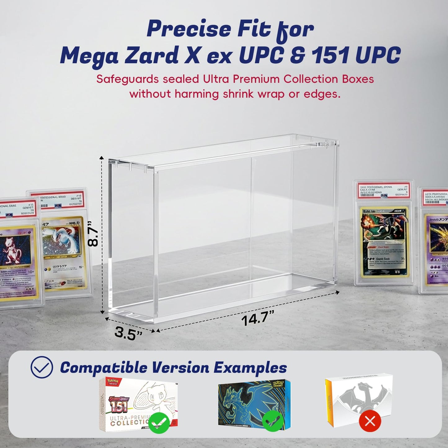PKMN UPC Acrylic Case Protector - 8mm + 5mm Ultra Thick Clear Acrylic Display Case with Magnetic Lid, Collector Display Box Compatible with Mega