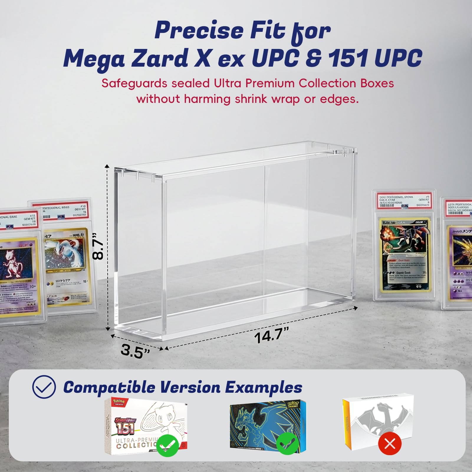 PKMN UPC Acrylic Case Protector - 8mm + 5mm Ultra Thick Clear Acrylic Display Case with Magnetic Lid, Collector Display Box Compatible with Mega
