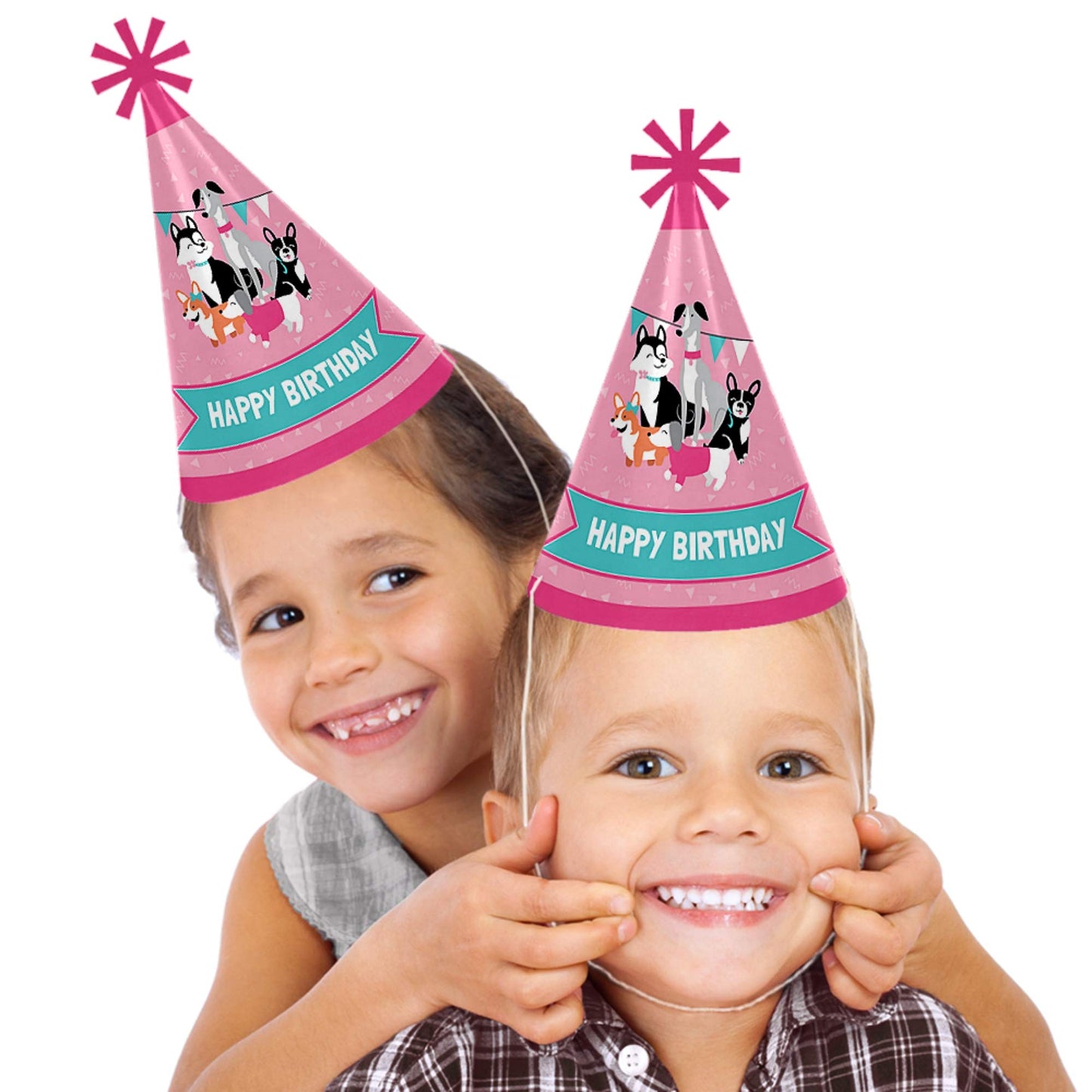 Big Dot of Happiness Pawty Like a Puppy Girl - Cone Happy Birthday Party Hats for Kids and Adults - Set of 8 (Standard Size)