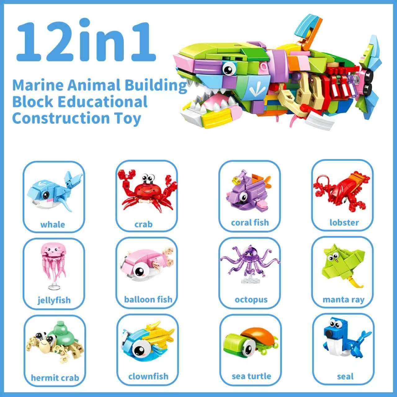 Easter Basket Stuffers Marine Animal Building Blocks Set, 12 in 1 Ocean Creatures Shark Fidget Toys, Party Favors for Kids, Classroom Birthday Gifts