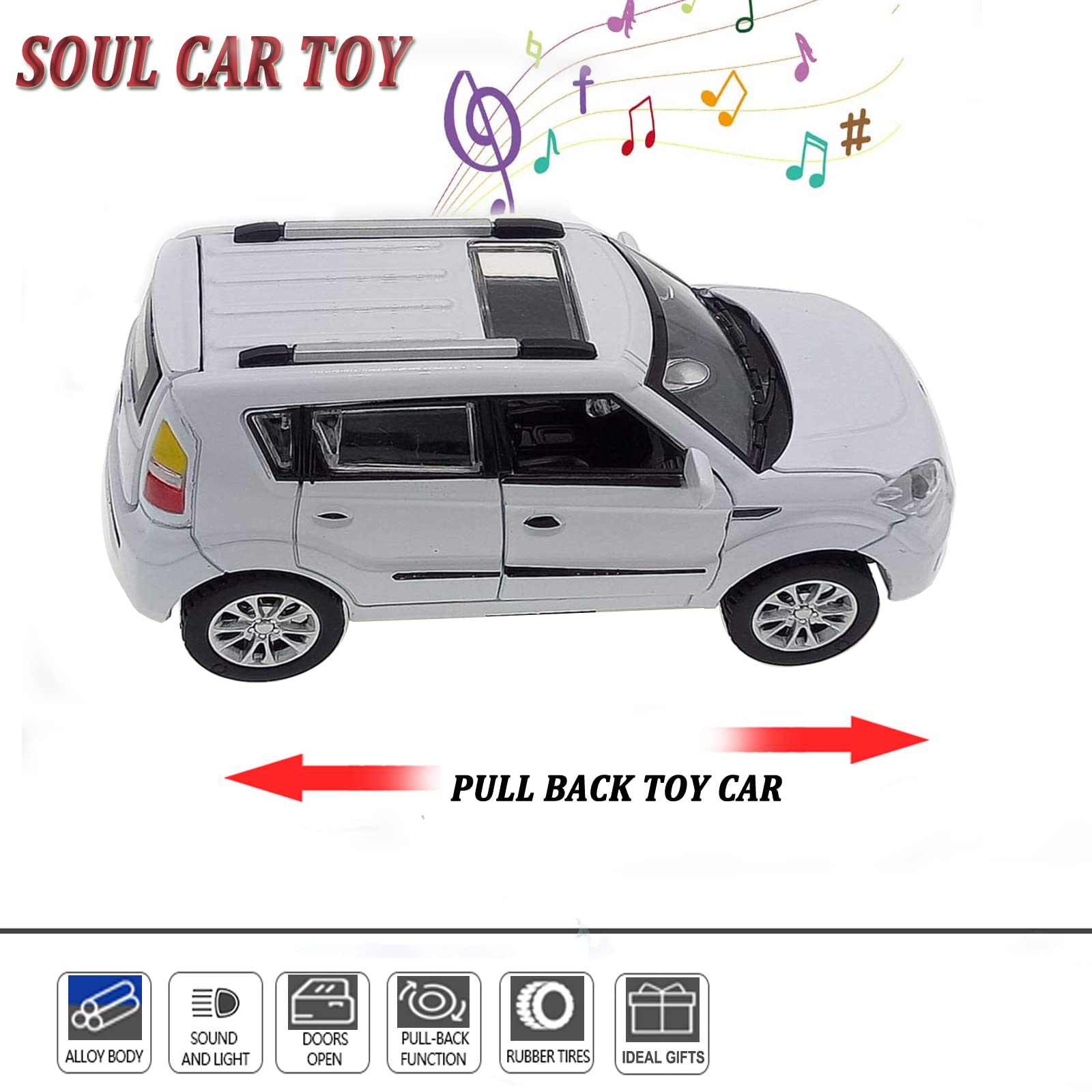 Toy Cars Diecast Car Models Soul Hatchback Model Cars,Pull Back Cars,Boxy Car Toy with Sound and Light for 3+ Year Old Boys(White)