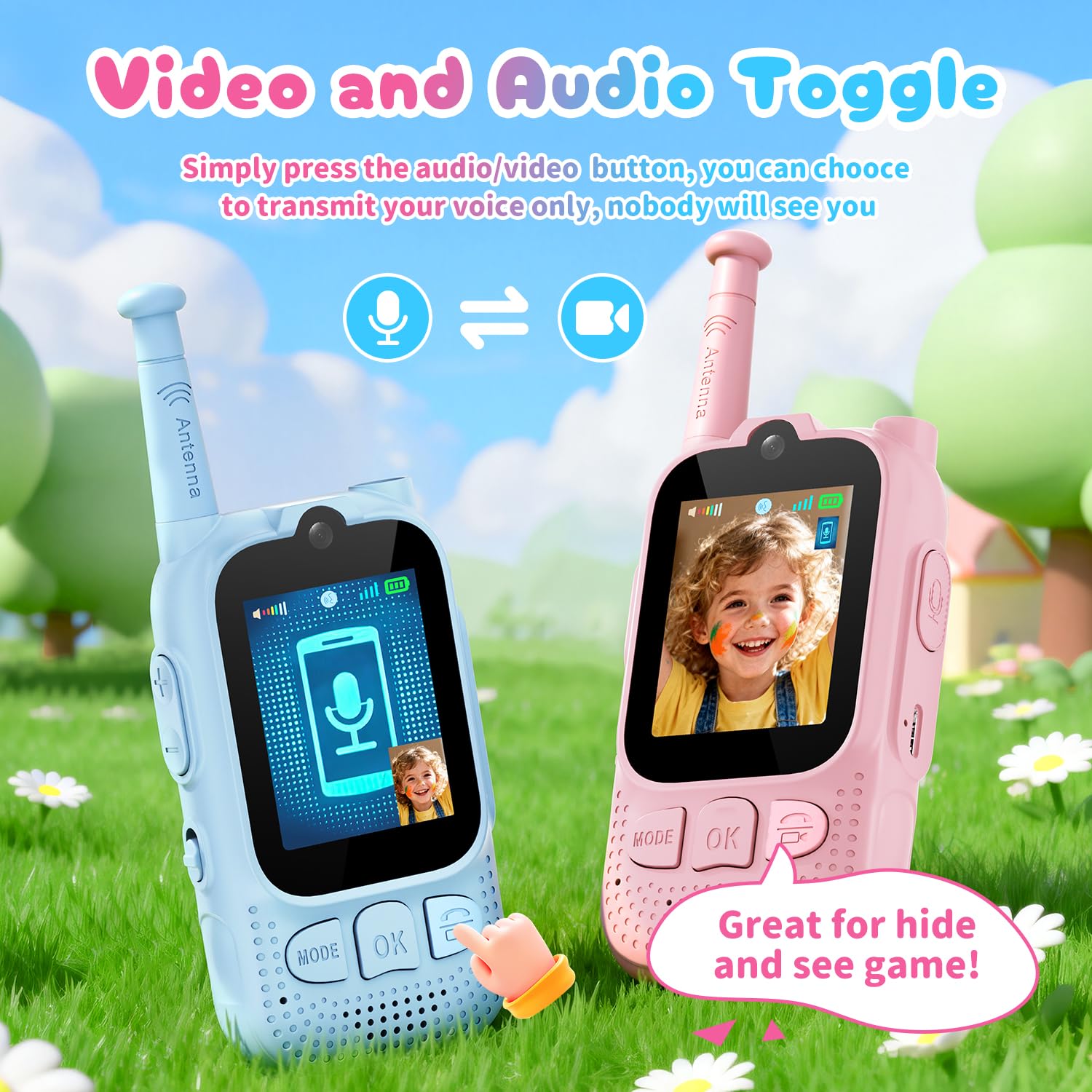 Kids Audio/Video Walkie Talkies, 2 Pack Rechargeable Walkie Talkies for Kids with 2’’ Screen & Camera & Voice Changer, Long Range Boys Girls Toys for