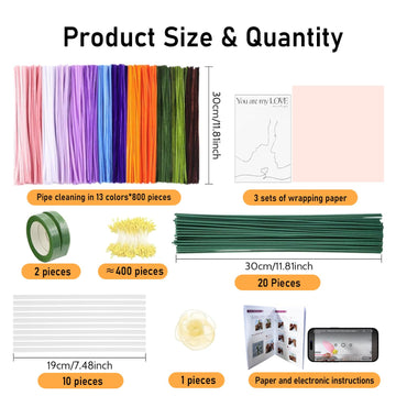 Qarrazwyi Thick Pipe Cleaners Craft Kit, 800+ Pcs Assorted Colors, Sturdy Holds-Shape DIY Flower Making Set with Step-by-Step Video Tutorials, Gifts