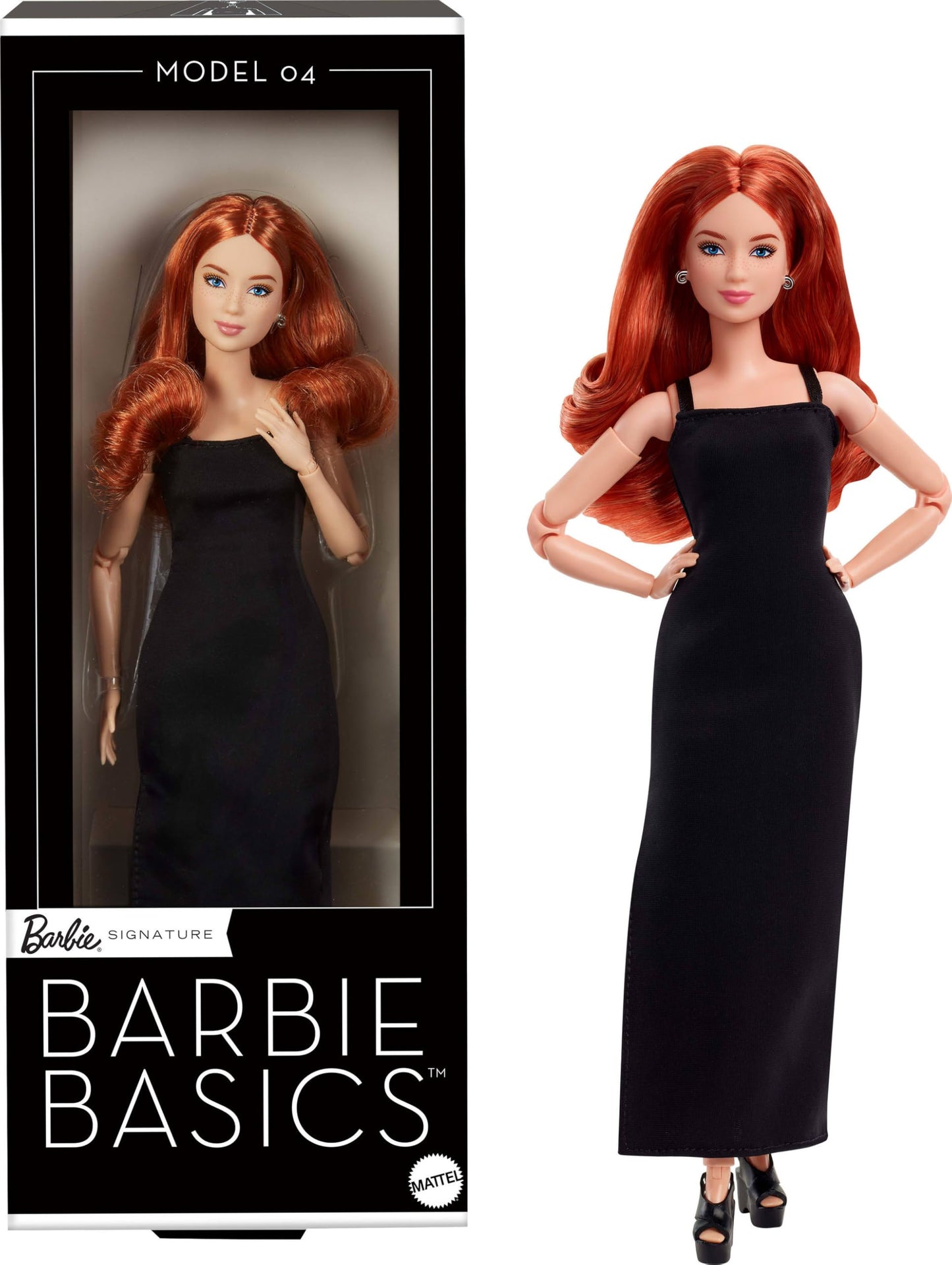Barbie Basics Model 04 Collector Doll with Red Curly Hair, Black Mini Dress & platform shoes, Universal-fit Fashions, Posable Petite Body & Swappable