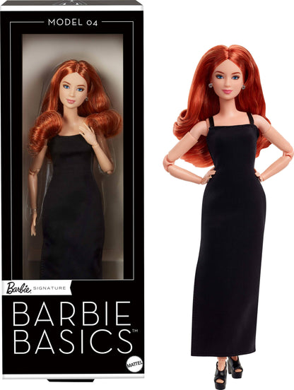 Barbie Basics Model 04 Collector Doll with Red Curly Hair, Black Mini Dress & platform shoes, Universal-fit Fashions, Posable Petite Body & Swappable