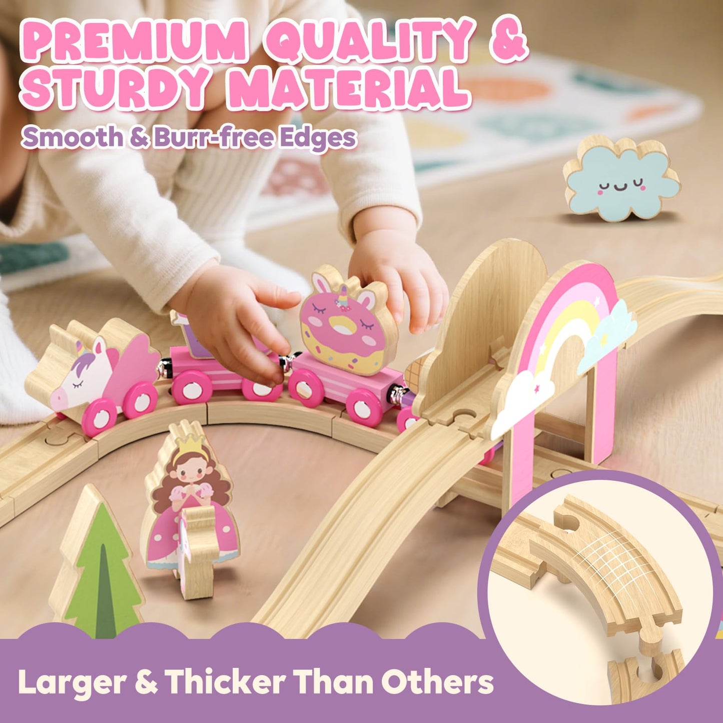 Lehoo Castle Wooden Train Set - Unicorn Train Set for Toddlers 2-4, Wooden Train Track Toddler Girl Toys, Pink Train Fantasy Toys for 3 4 5 6 7 Year