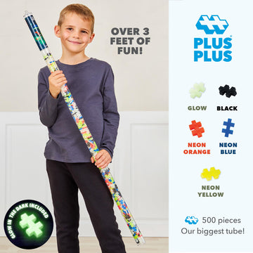 Plus-Plus: Super Tube - Glow-In-The Dark Mix -500 Pieces- Construction Building STEM Toy, Interlocking Mini Puzzle Blocks, Open Play Set, Kids Ages 5+