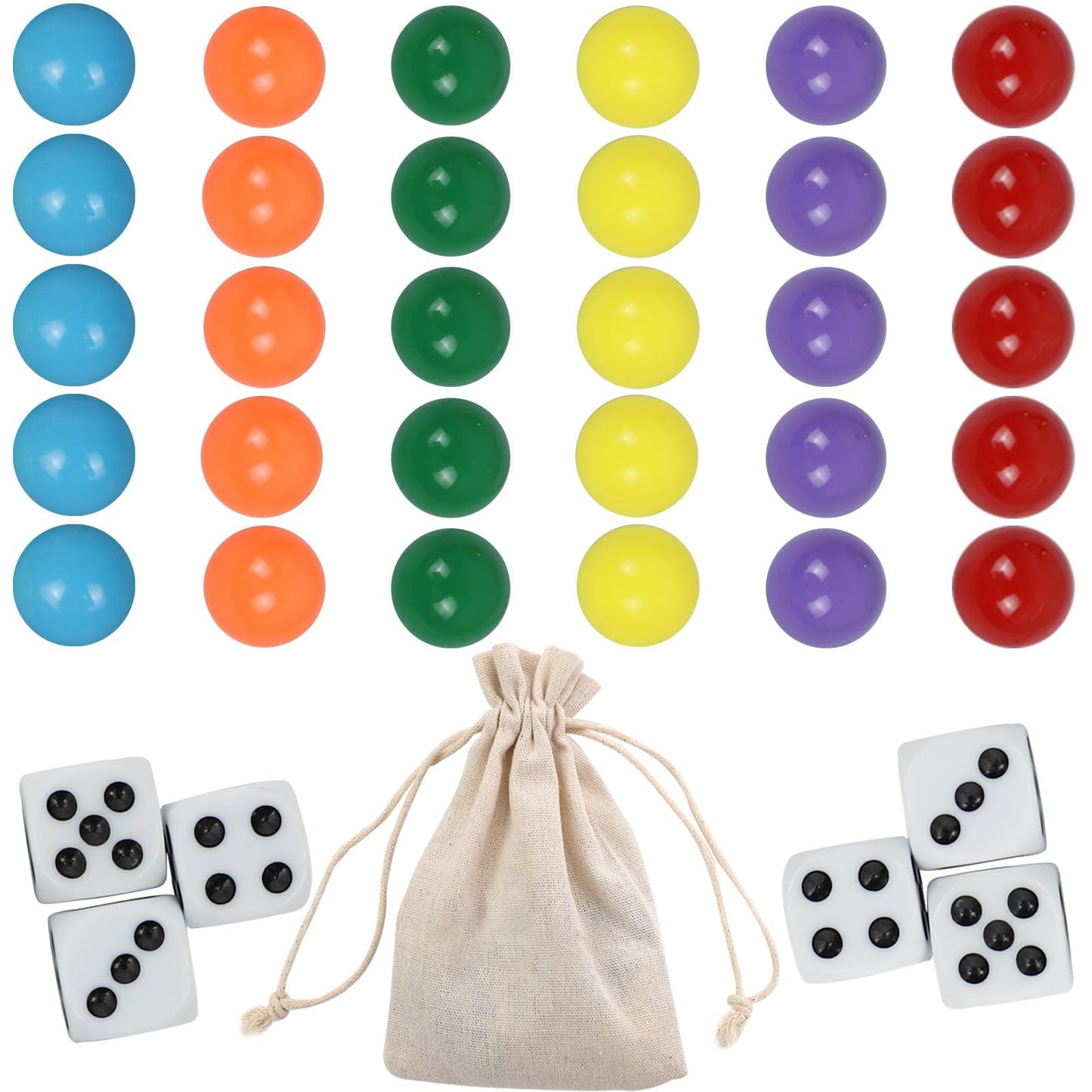 Qryovsa Marbles for Wahoo Board Game 14 mm Set of 30 with 6 Dice and Bag