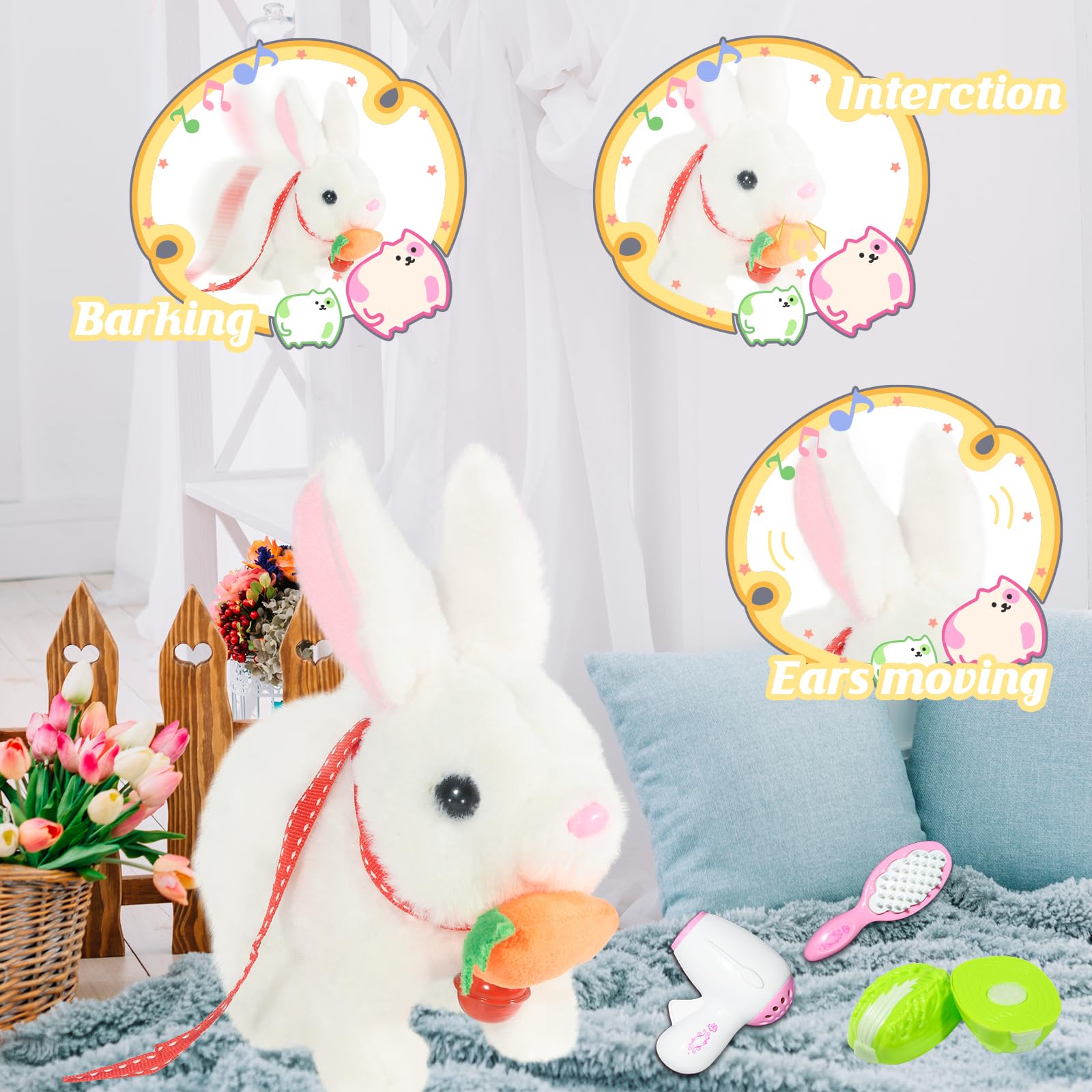 lonfypeng Hopping Rabbit Interactive Electronic Pet Plush Bunny Toy with Sounds and Movements Animated Walking Wiggle Ears Twitch Nose Gift