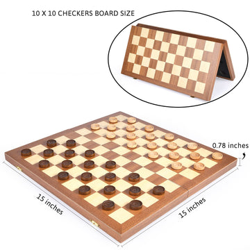 VAMSLOVE 15inch Checkers Folding Wooden Game Set, 100 Square Checkerboard International Checkers Draughts Board 10x10 for Kids with Pieces Storage