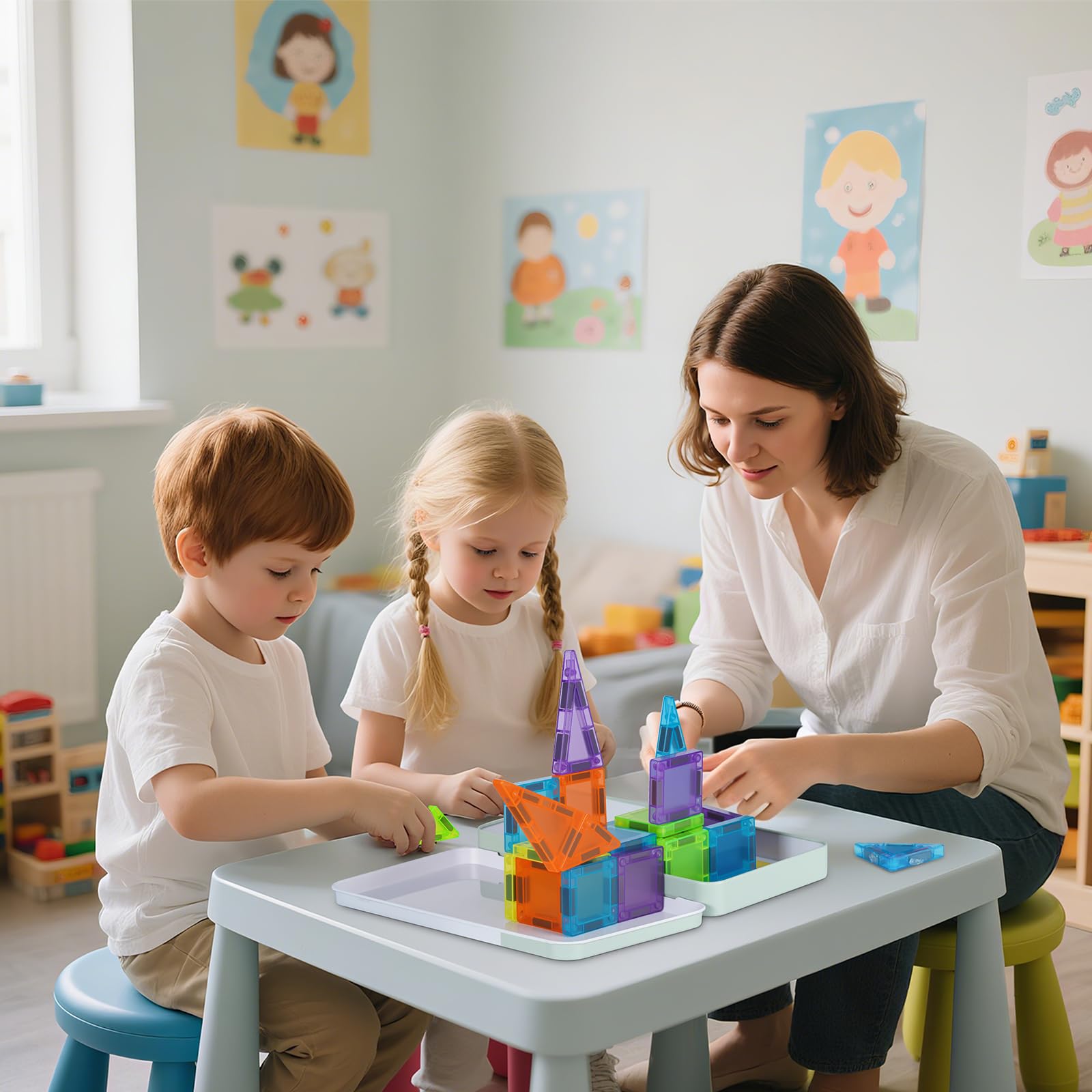 Vrythn Mini Magnetic Tiles Travel Set- 50PCS Travel Toys with Portable Iron Box, Rounded Edges, Colorful STEM Toys for Kids Ages 3+