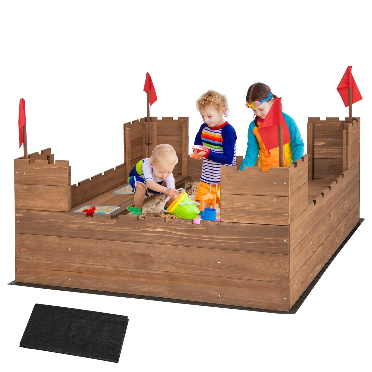 HONEY JOY Kids Sandbox, Cedar Bottomless Sand Pit for Backyard, 4 Red Flags & Bottom Liner, Side Bench & 2 Boxes, Wooden Sand Boxes for Kids Outdoor
