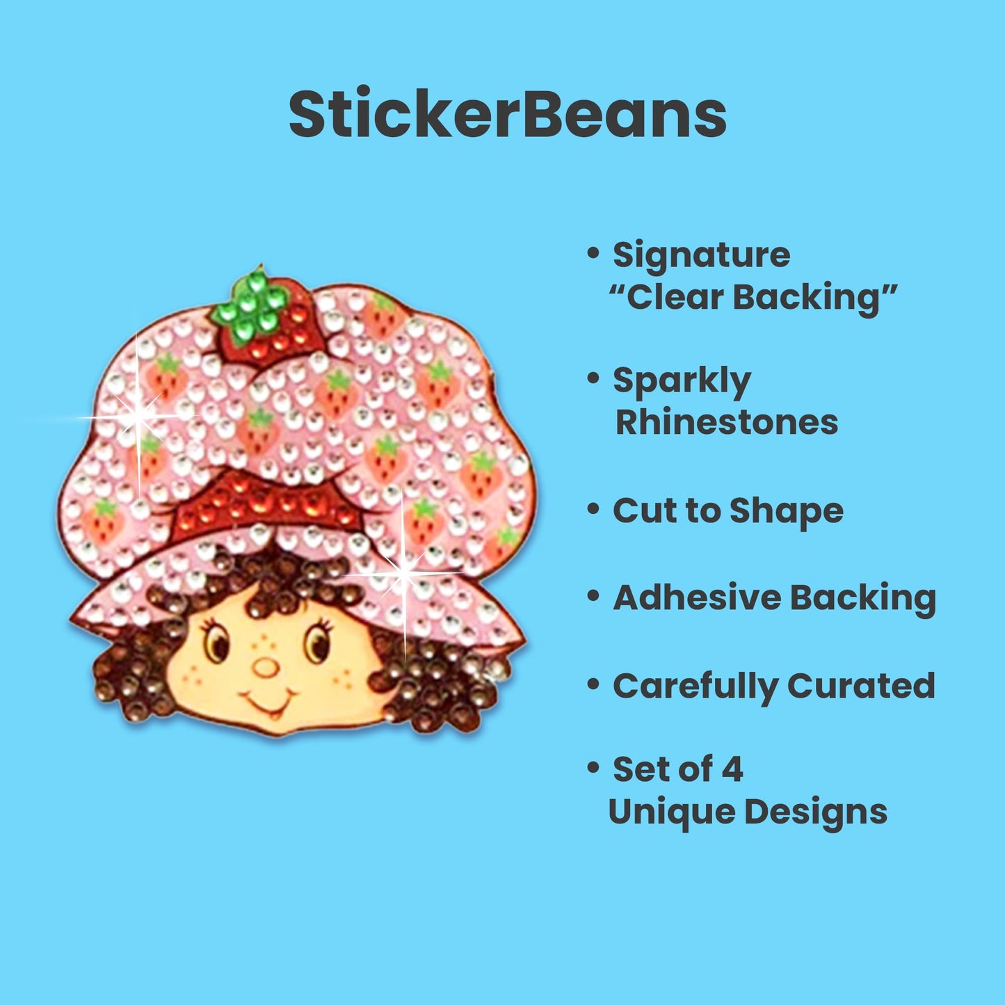 StickerBeans® Rhinestone Stickers BOY Meets Girl® x Strawberry Shortcake® 4-Pack, 2” x 2” Sparkly Cut-to-Shape Adhesive for Collecting, Trading