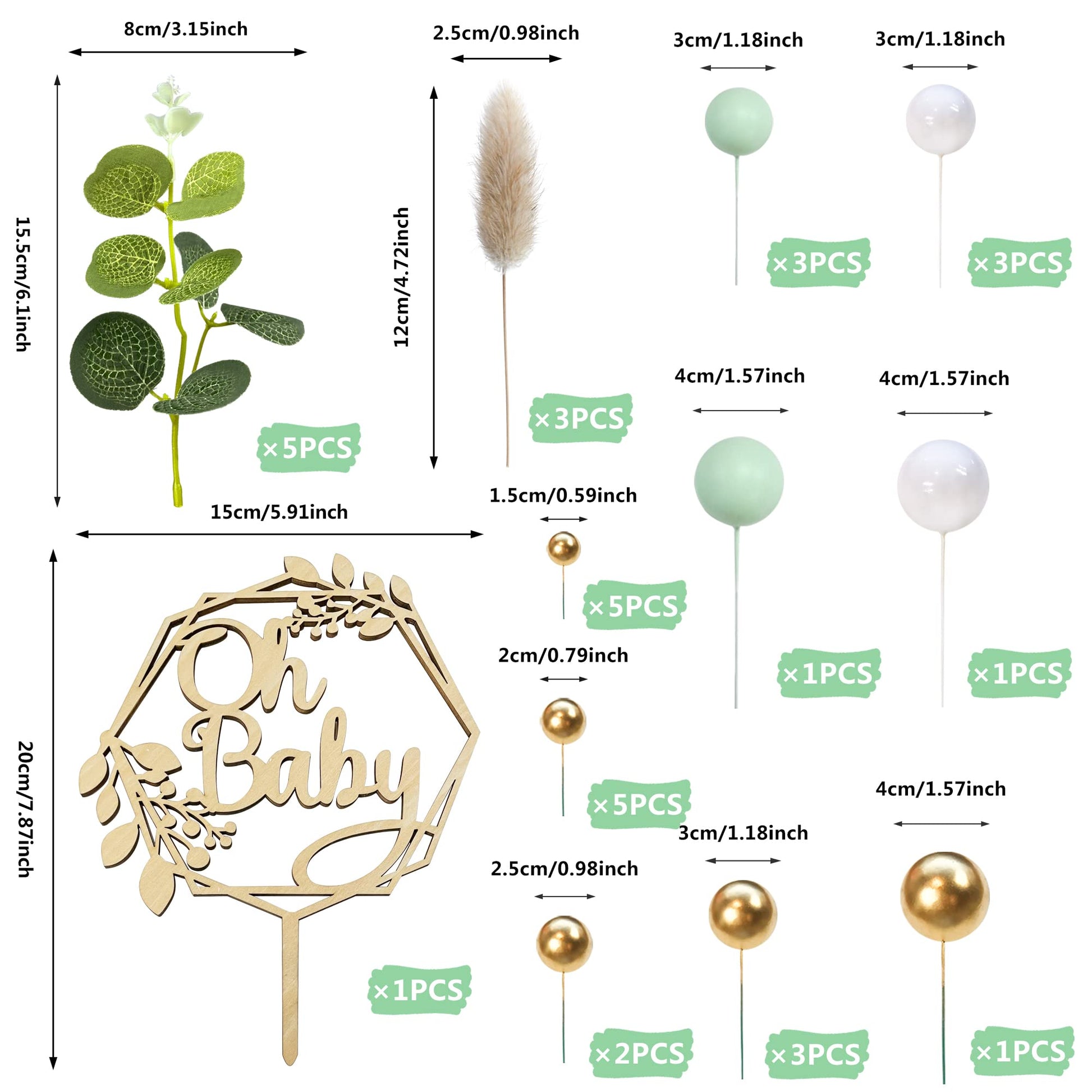 33 PCS Wood Cake Topper Balls Cake Topper Balls Cake Decorations with Artificial Leaves for Baby Shower Newborn Birthday Party Gender Reveal