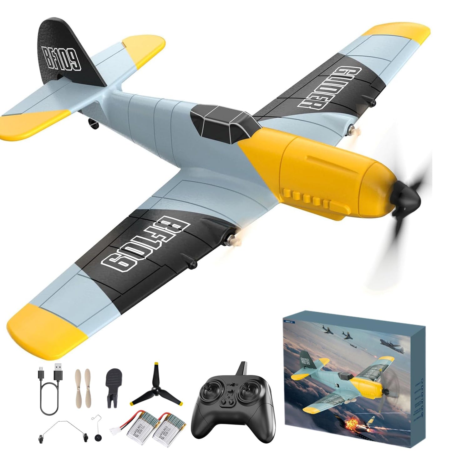 Toileum RC Plane, 3 Channel Remote Control Airplane, 6-axis Gyro Stabilizer BF-109 RTF RC Airplane with 2 Batteries, Easy to Fly for Beginners Adults