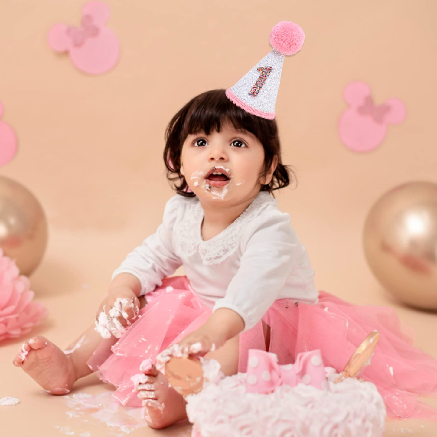 LINLULU First Birthday Hat with Pink Pom Topper - Glitter White Hat, 1st Birthday Cake Smash Photo Prop, Pink Girl Decoration