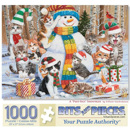 Bits and Pieces Jigsaw Puzzles for Adults Purr-FECT Snowman, Winter Christmas Cats - Random Die Cut, No 2 Pieces Alike (1000 Piece Puzzle)
