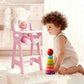 PHOKID Doll High Chair for Pretend Play - Wooden Doll Furniture with Safety Belt, Footrest & Flower Backrest, White/Pink,Fits Standard 18" Baby Dolls