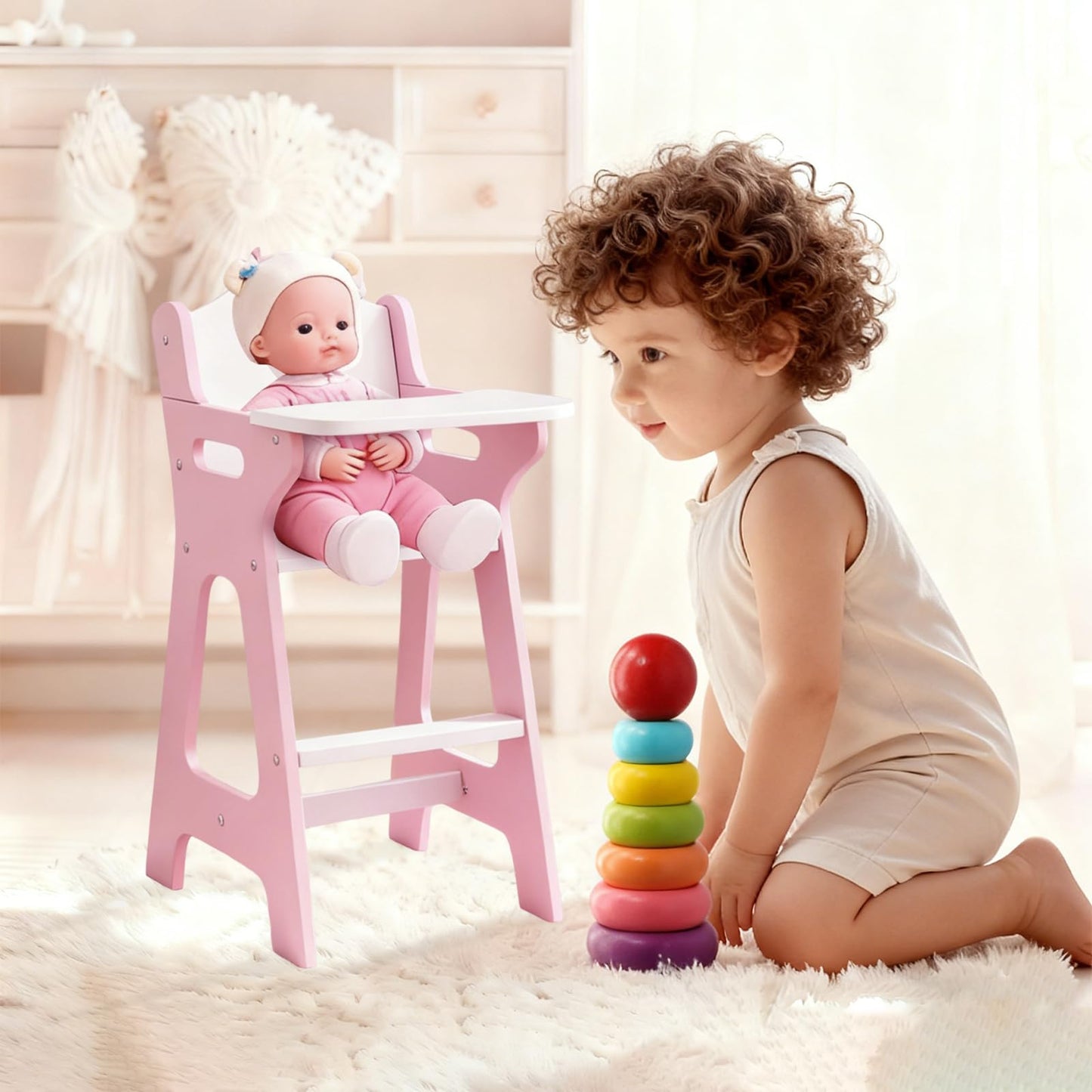 PHOKID Doll High Chair for Pretend Play - Wooden Doll Furniture with Safety Belt, Footrest & Flower Backrest, White/Pink,Fits Standard 18" Baby Dolls