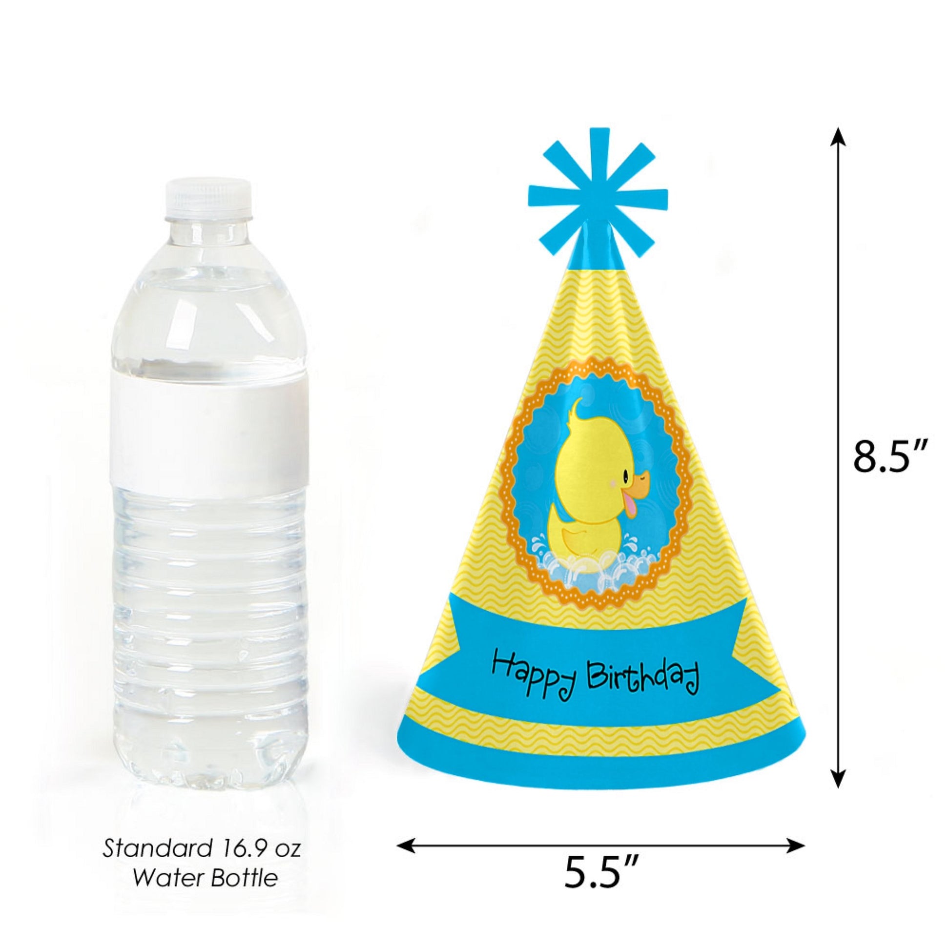 Big Dot of Happiness Ducky Duck - Cone Happy Birthday Party Hats for Kids and Adults - Set of 8 (Standard Size)
