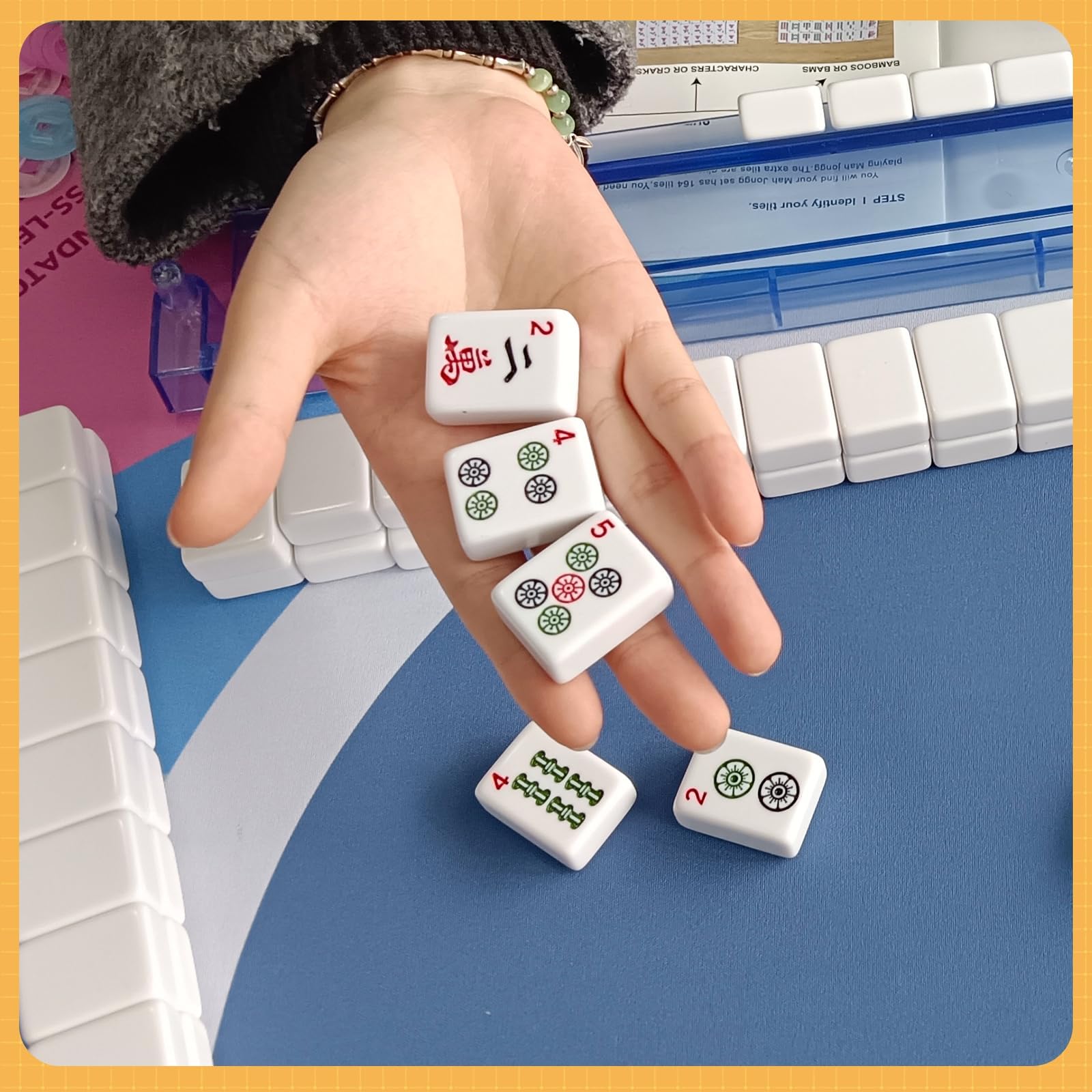 bestcool Mahjong Tile Set, American Mahjong Set with Floral Quilted Carrying Bag, 166 White Tiles, Includes Chips & Dice - Portable Travel Complete