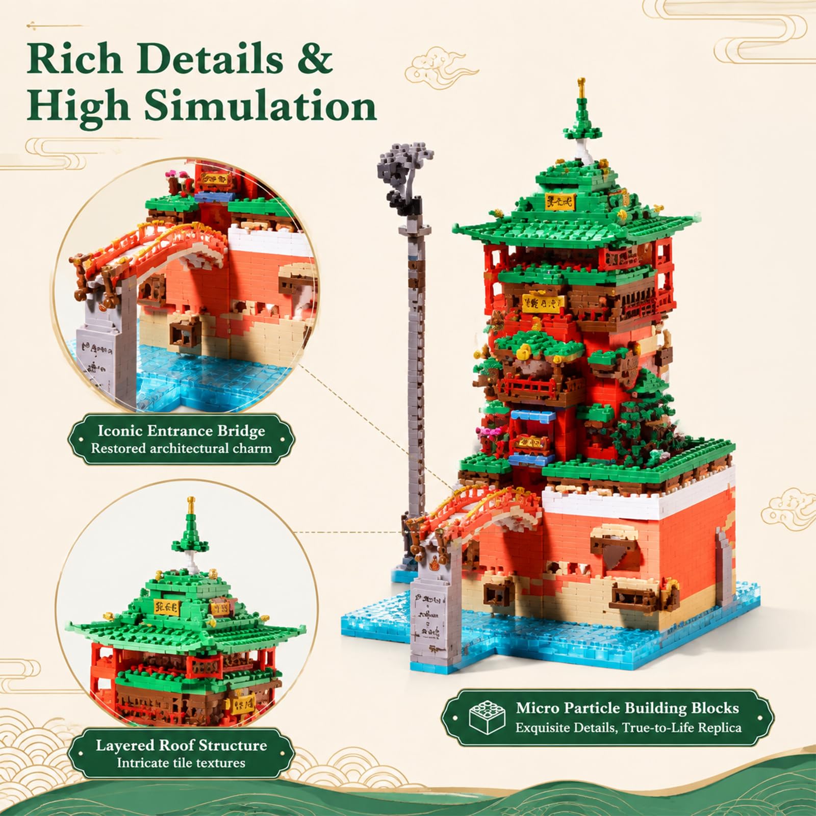 APENGBAOL Japanese Bathhouse Micro Building Blocks, 2657PCS Steampunk Architecture Building Sets, 8.1'' Japanese Architecture Set for Adults