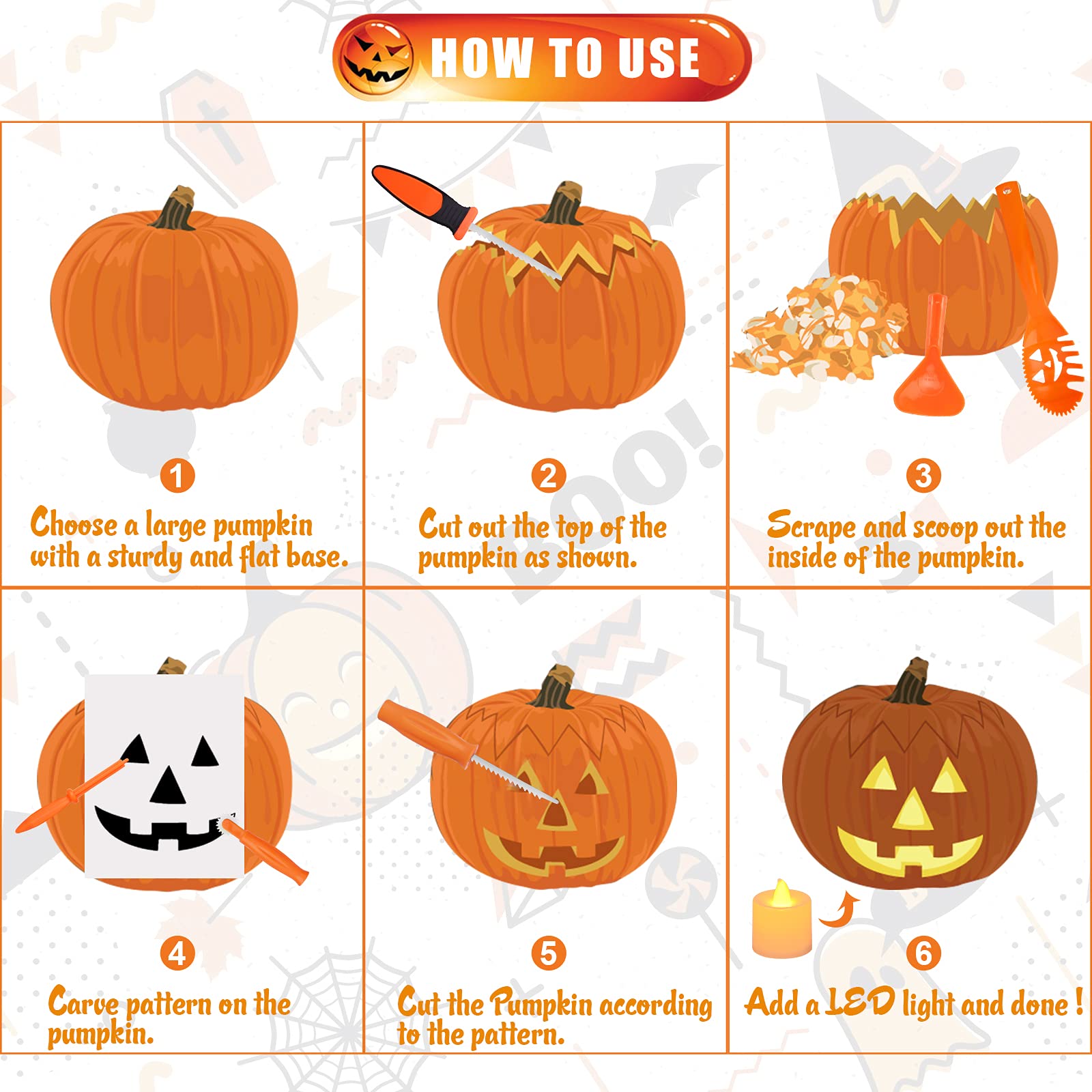 SKINOSM Pumpkin Carving Kit for Kids, 6 Easy Halloween Pumpkin Carving Tools Set, 6 LED Candles, 10 Carving Stencils & 20 Halloween Cellophane Candy