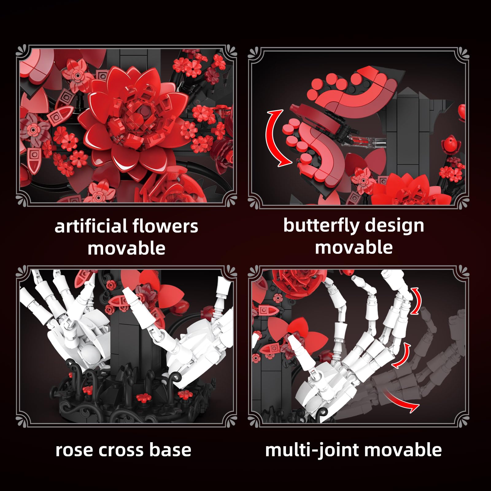 HIGH GODO Skull Flowers Rose Building Set with Skull Hand, Horror Gothic Rose Home Office Decor with Cross, Halloween Fathers Day Birthday Gifts