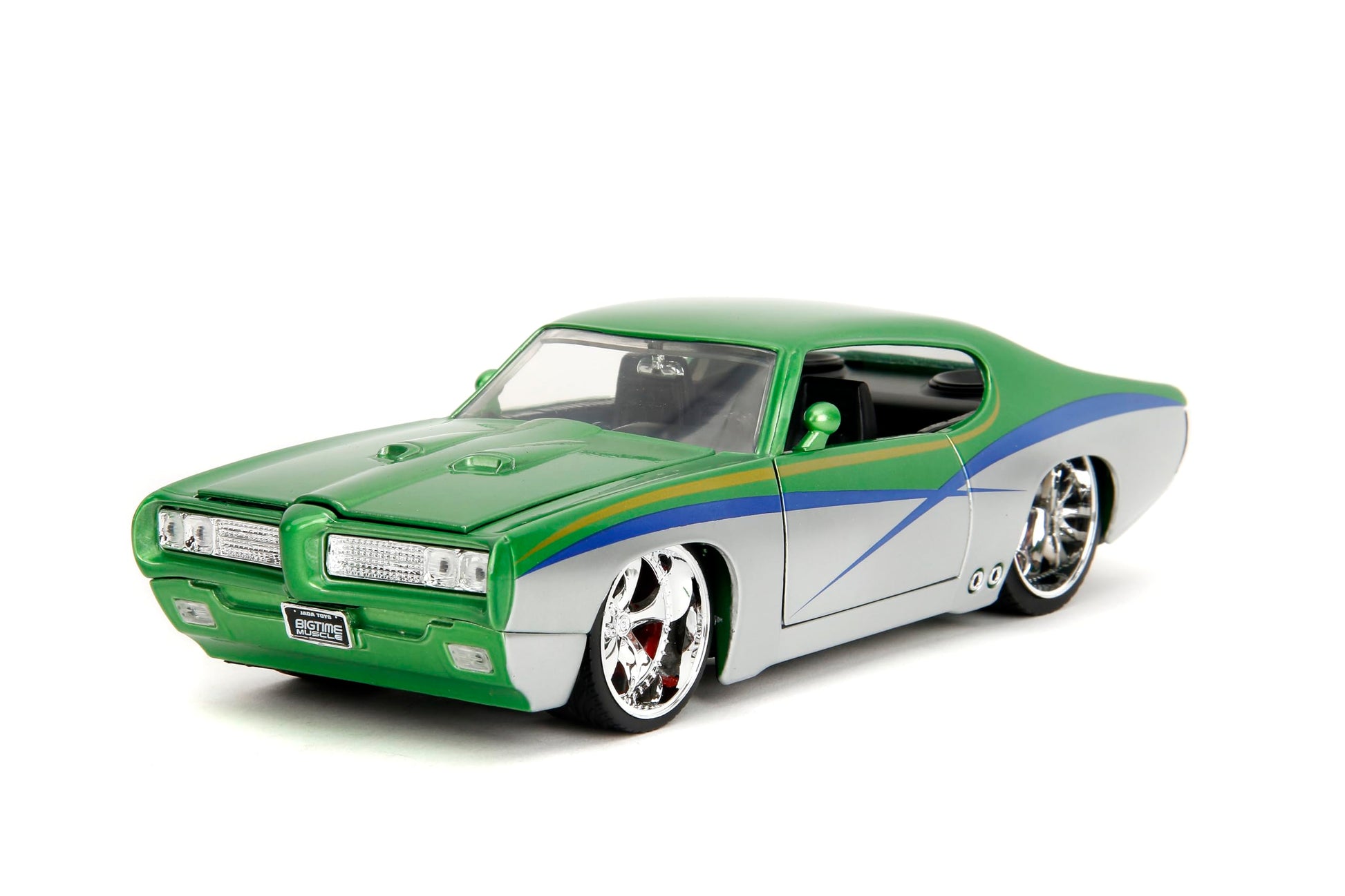 Jada Toys Bigtime Muscle 1:24 1969 Pontiac GTO Die-cast Car - Opening Doors, Hood, Trunk, Rubber Tires(Candy Silver/Green)