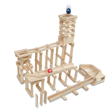 MindWare KEVA Contraptions, Wooden Blocks Building Set, Marble Run Kit, Includes 2 Balls - 400 Planks