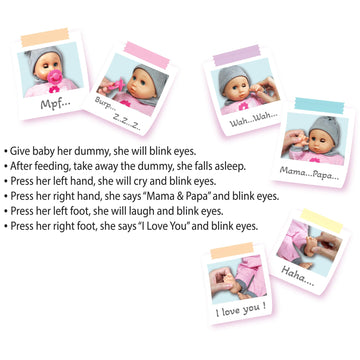 Lissi: 16" Blinking Eyes Baby Doll Cecilia - Pink-Pink- Kitty Outfit - Interactive, Sounds-Words-Expressions, Bottle & Pacifier Accessories, Kids 2+