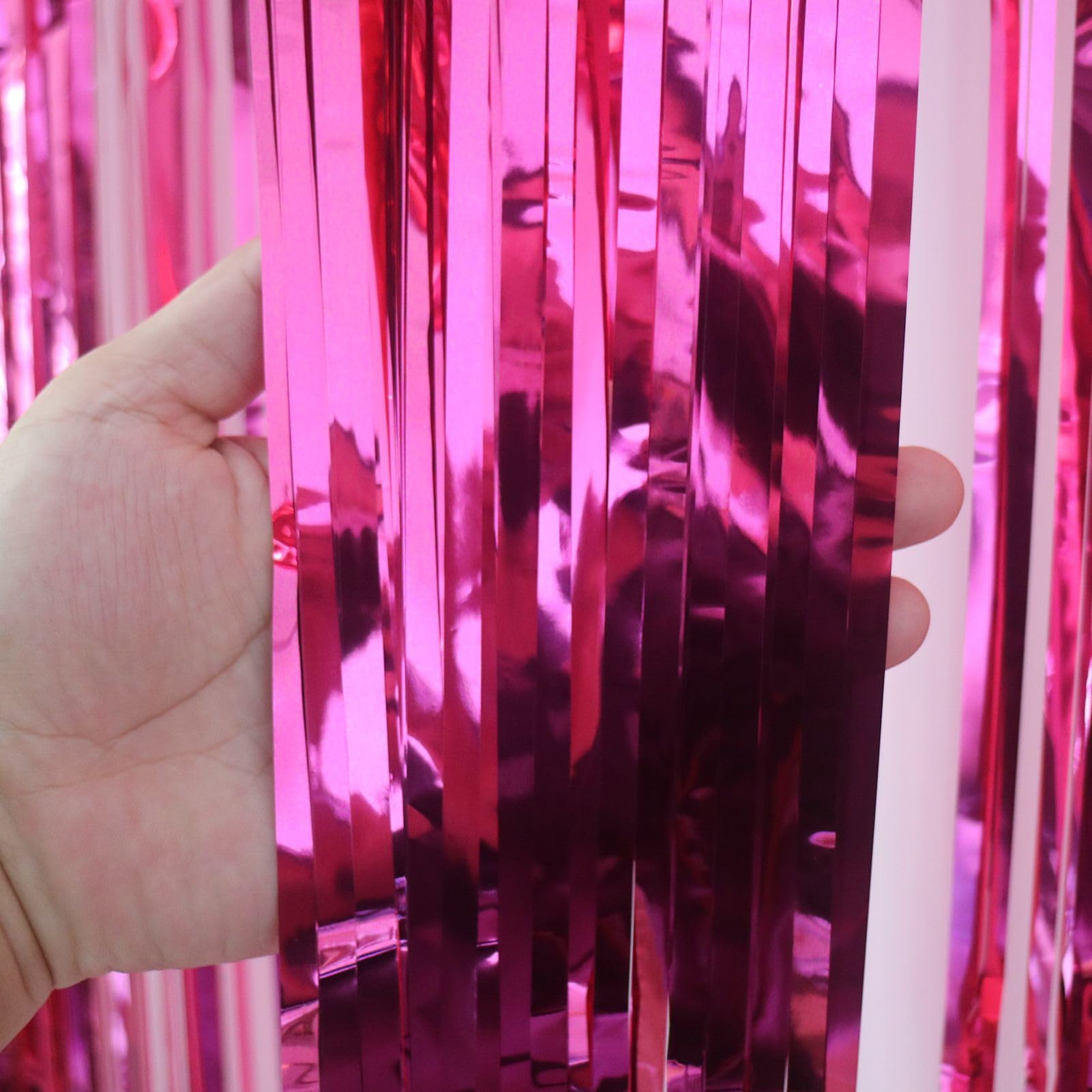 EUFARS Valentine's Day Party Decorations, 3 Pack 3.2x8.2ft Hot Pink Metallic Foil Fringe Curtain Streamer Backdrop for Bachelorette Birthday Party