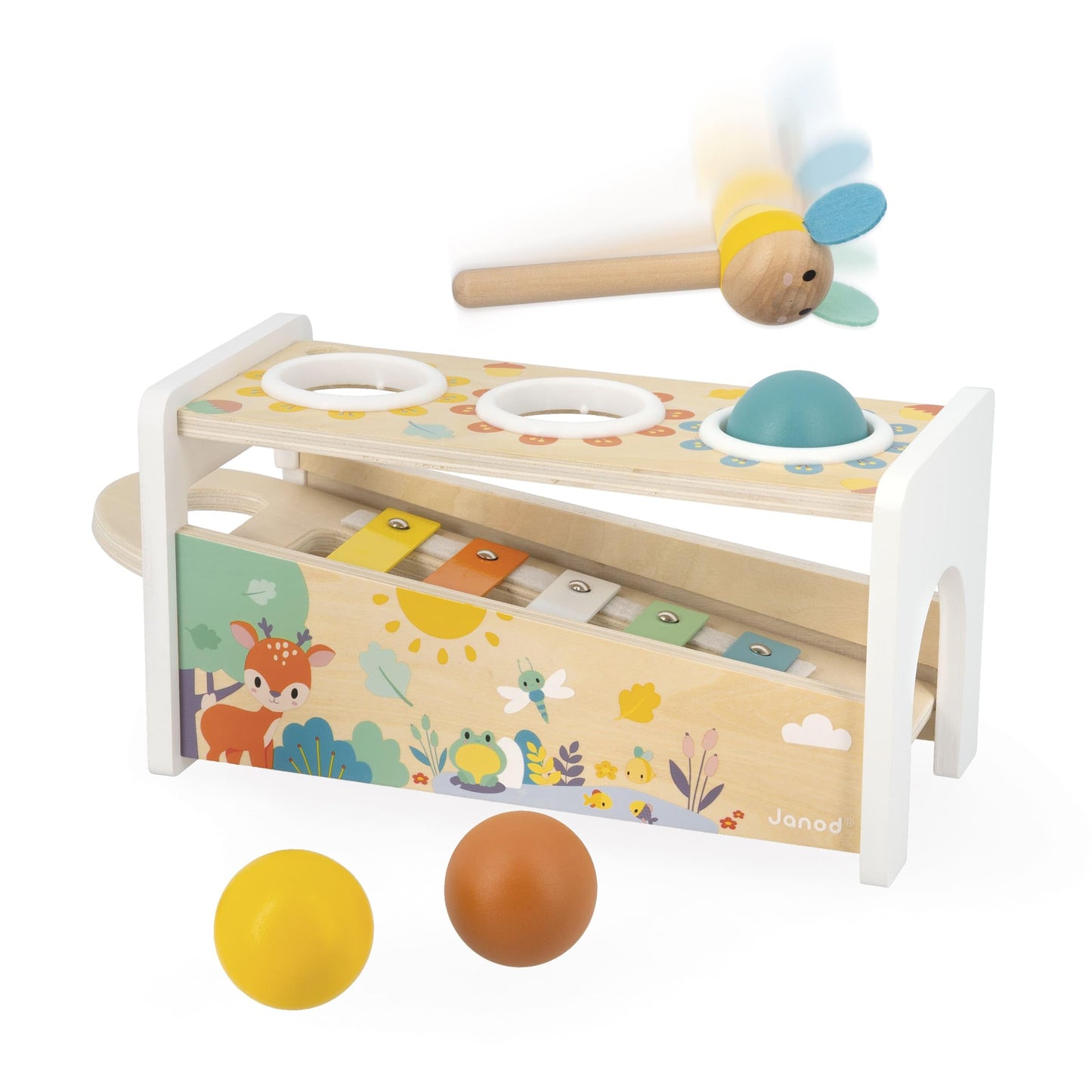 Janod Pure Tap Pastel Wooden Xylophone Pounding Bench with Cherry Wood Balls & Bee Shaped Hammer for Ages 12+ Months (J05155)