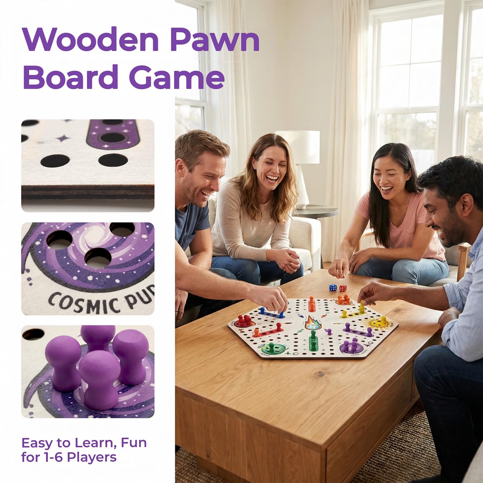 Kivan Base Wooden Board Game?Original Wooden Game 15 Inch Single-Sided Aggravation Game for 6 Players, 36 Colorful Pawns & 6 Dice, Fast Track Game