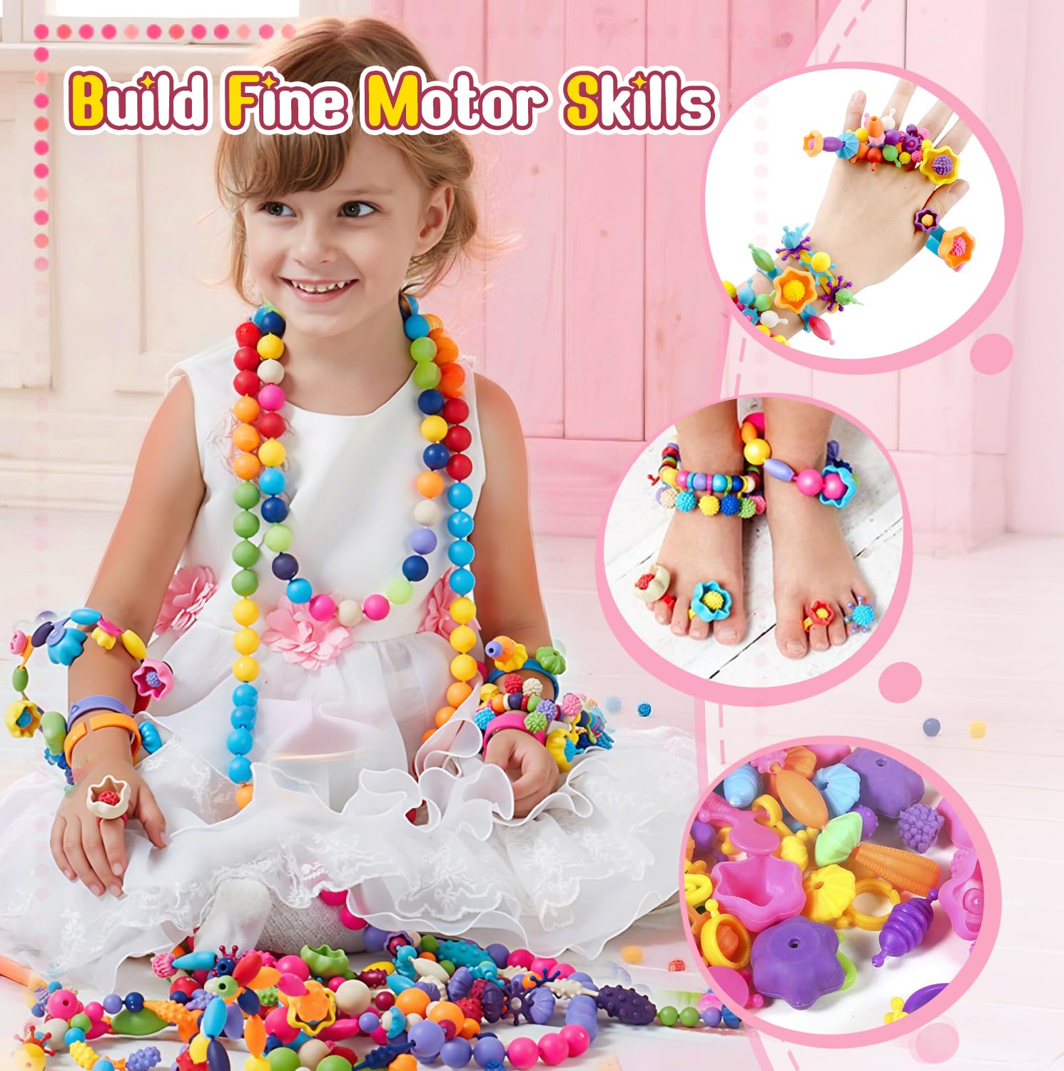Atoymut 600Pcs Pop Beads, Jewelry Making Kits for Toddlers, Arts and Crafts Supplies for Kids Ages 4-8, Necklace, Bracelet, Ring, Creative DIY Toys
