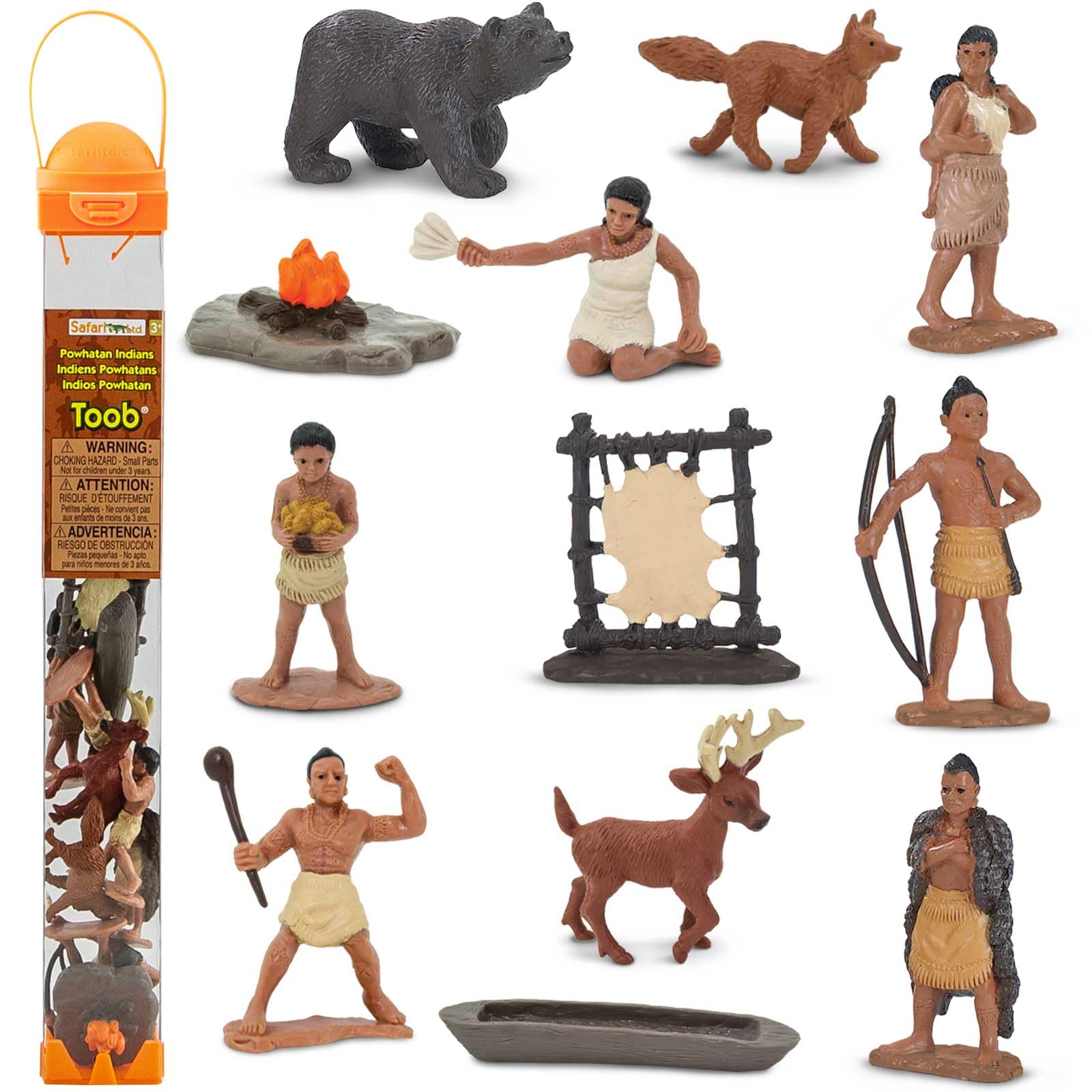 Safari Ltd. Powhatan Indians TOOB - 12 Figurines: Camp Fire, Canoe, Deer Hide, Warriors, Pocahontas, Chief Whunsoncock, & More - Educational Toy