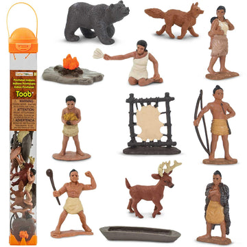 Safari Ltd. Powhatan Indians TOOB - 12 Figurines: Camp Fire, Canoe, Deer Hide, Warriors, Pocahontas, Chief Whunsoncock, & More - Educational Toy