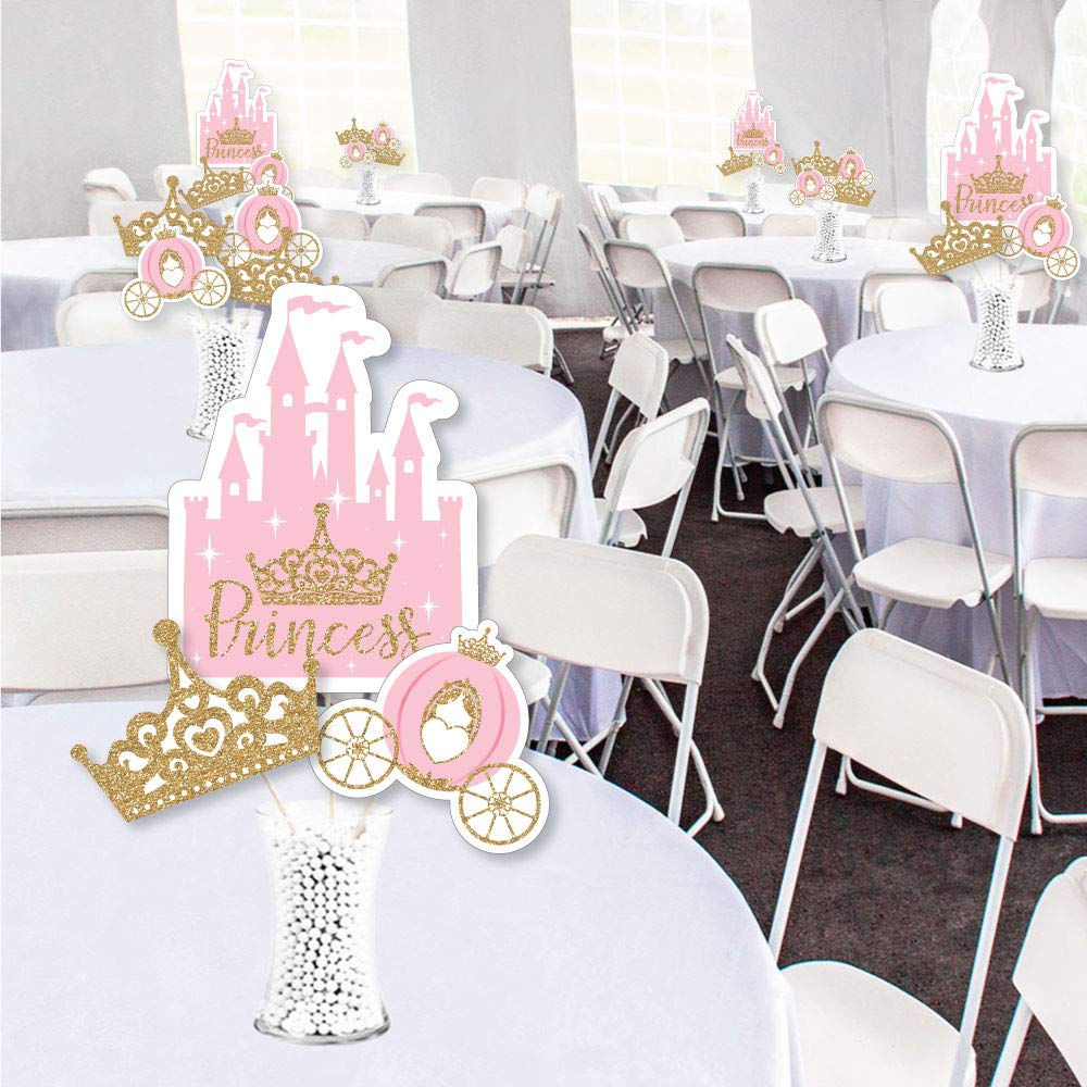 Big Dot of Happiness Little Princess Crown - Pink and Gold Princess Baby Shower or Birthday Party Centerpiece Sticks - Showstopper Table Toppers - 35