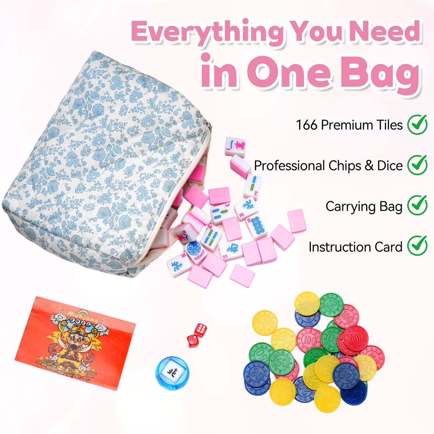 TYITALK Mahjong Tile Set with 166 Premium Mahjong Tiles, Complete Set with Carrying Bag for Family Game Nights and Friendly Competition