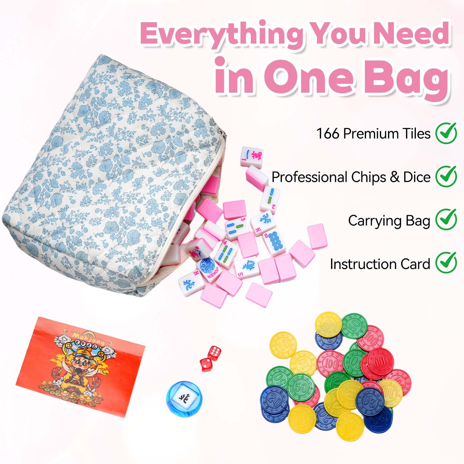 TYITALK Mahjong Tile Set with 166 Premium Mahjong Tiles, Complete Set with Carrying Bag for Family Game Nights and Friendly Competition