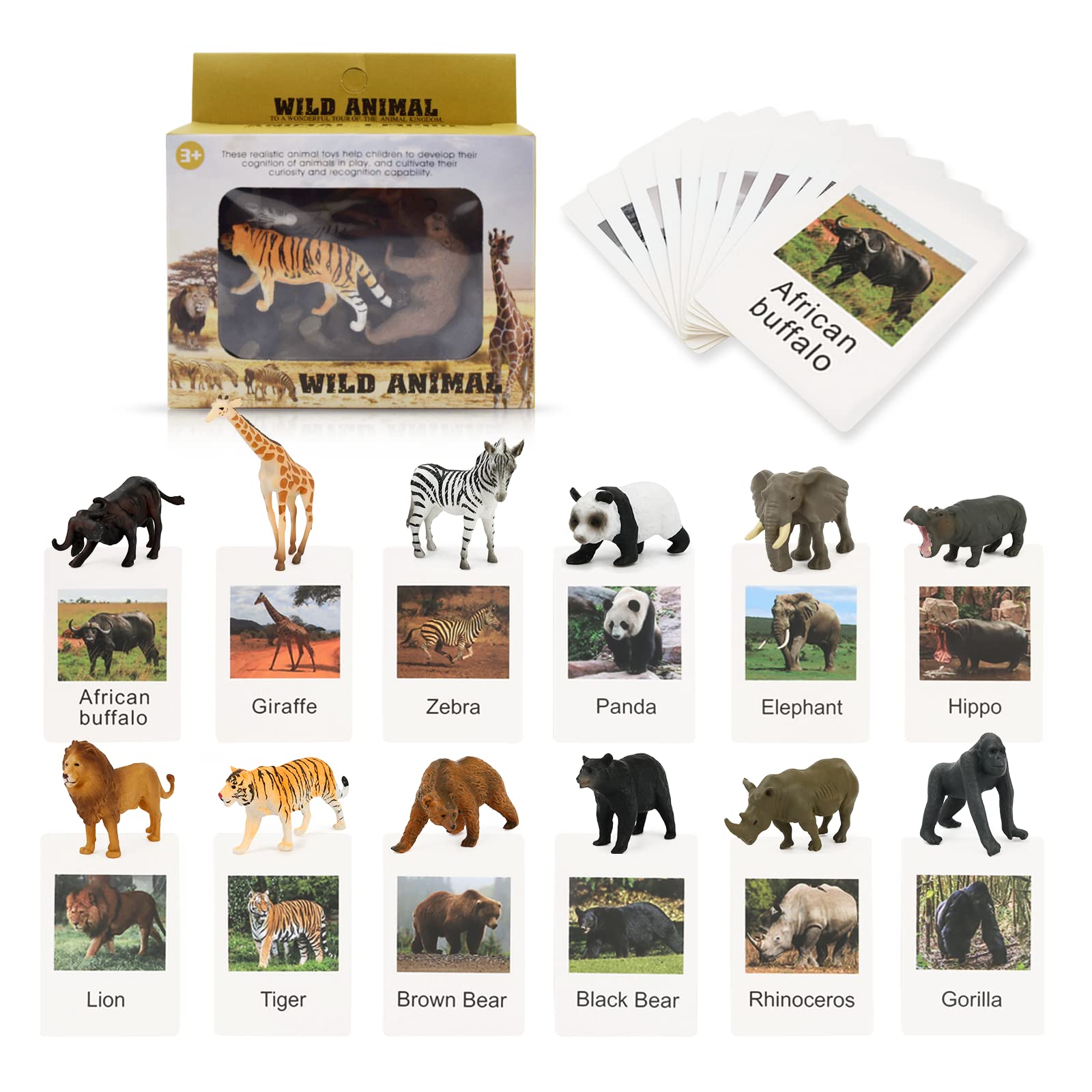 Montessori Safari Animal Matching Game, 12PCS Realistic Zoo Animal Figurines with Flash Cards, Preschool Science Educational Learning Toys