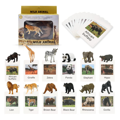 Montessori Safari Animal Matching Game, 12PCS Realistic Zoo Animal Figurines with Flash Cards, Preschool Science Educational Learning Toys
