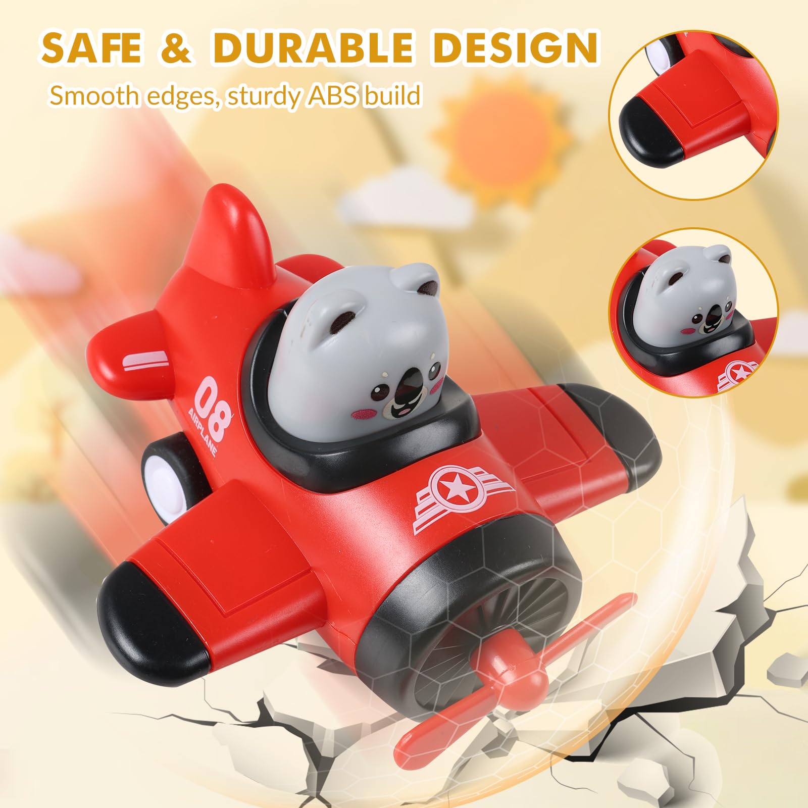 Airplane Toy Cars for Toddlers 1-3 - 4 Pack Press and Go Baby Car Toys, Push Airplanes with Rotating Propellers & Animal Drivers, Safe ABS Friction