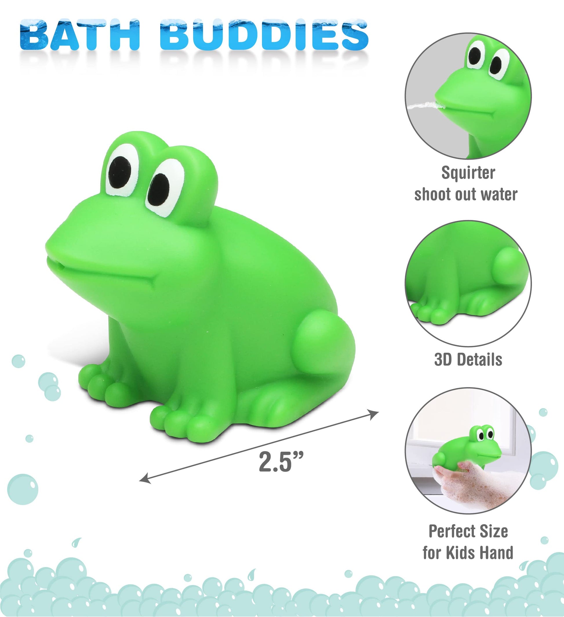 DolliBu Frog Bath Buddy Squirter - Floating Green Frog Rubber Bath Toy, Fun Water Squirting Bathtime Play for Toddlers, Cute & Soft Animal Toy