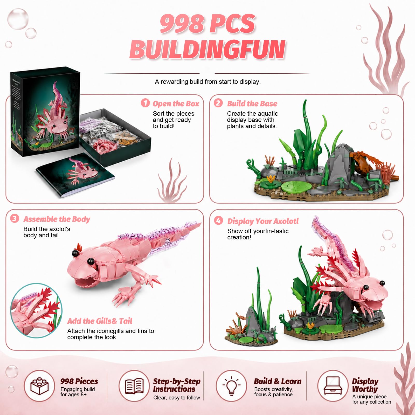 Axolotl Building Set, 998 PCS Axolotl Set for Adults & Teens 14+, Compatible with LEGO Animals Collection, Movable Salamander Model Kit with Display