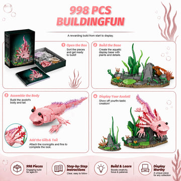 Axolotl Building Set, 998 PCS Axolotl Set for Adults & Teens 14+, Compatible with LEGO Animals Collection, Movable Salamander Model Kit with Display
